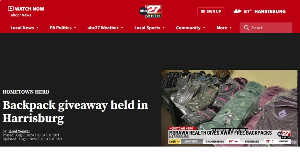 Moravia Health backpack giveaway covered by ABC27